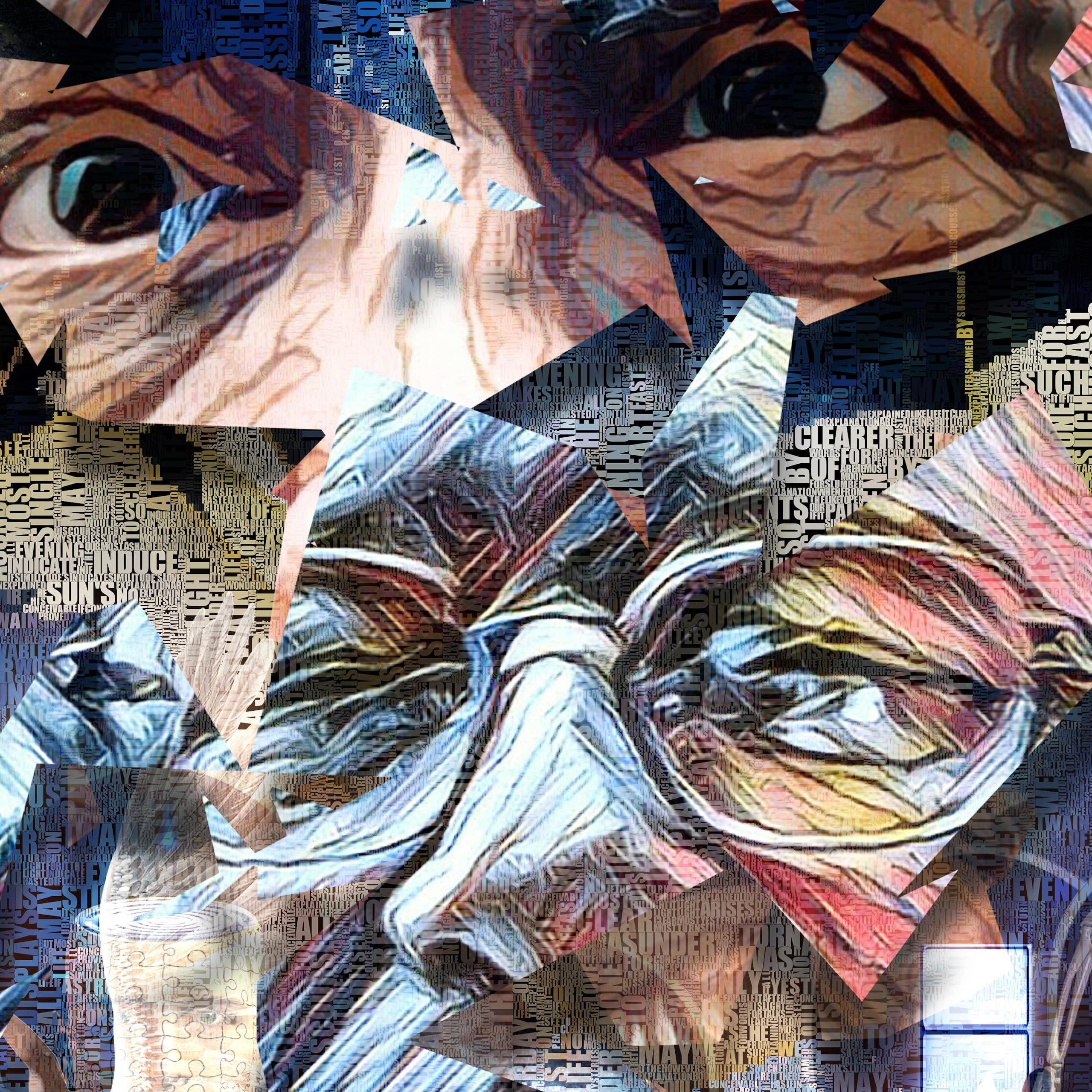 A collage of eyes and words.