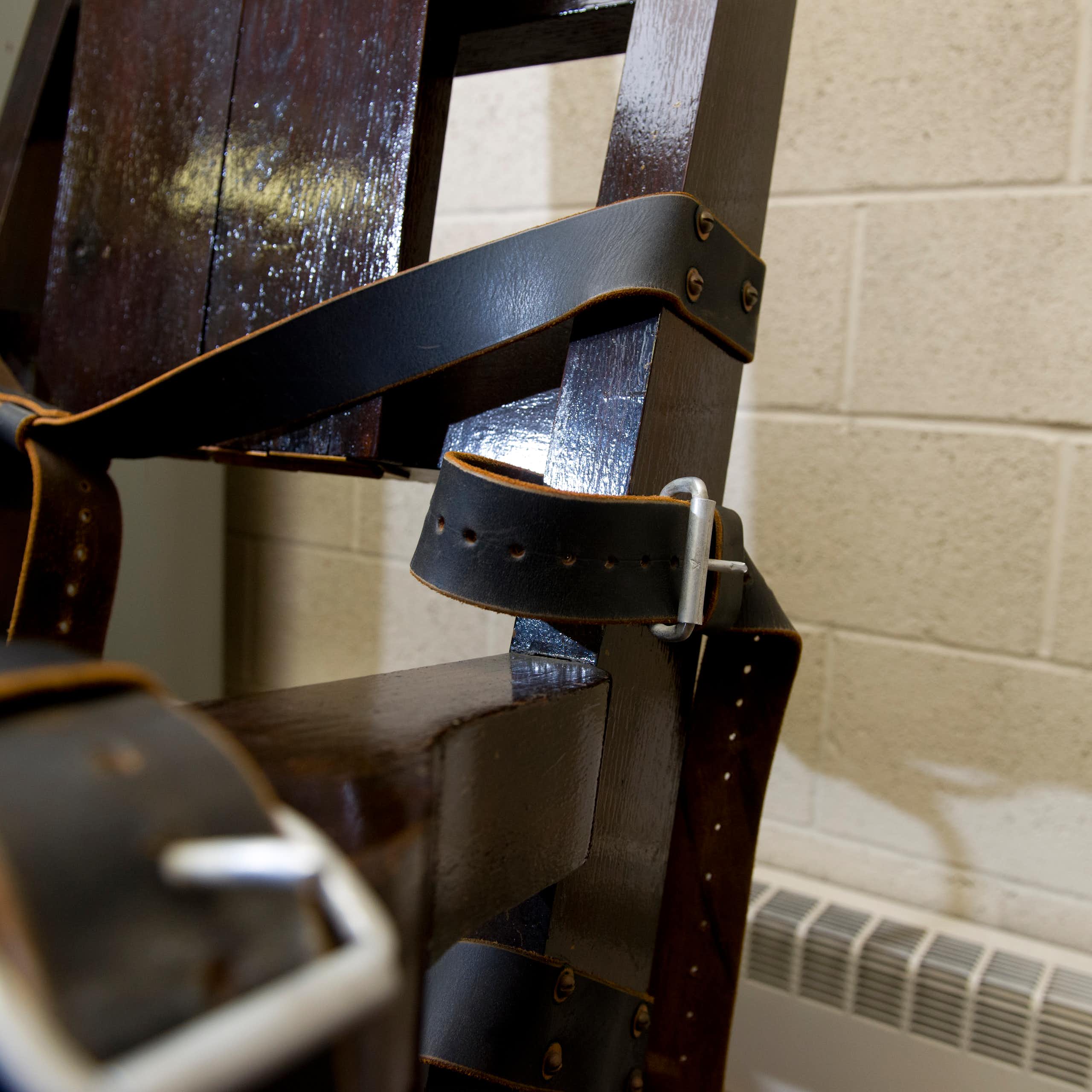 close-up of the restraints on the electric chair