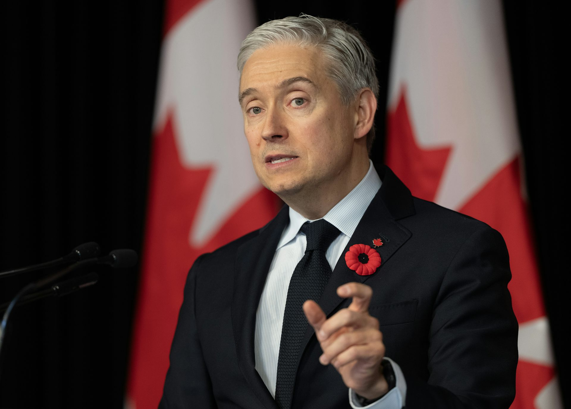 A middle-aged white man in a suit with a poppy pinned to his lapel speaks in front of a Canadian flag