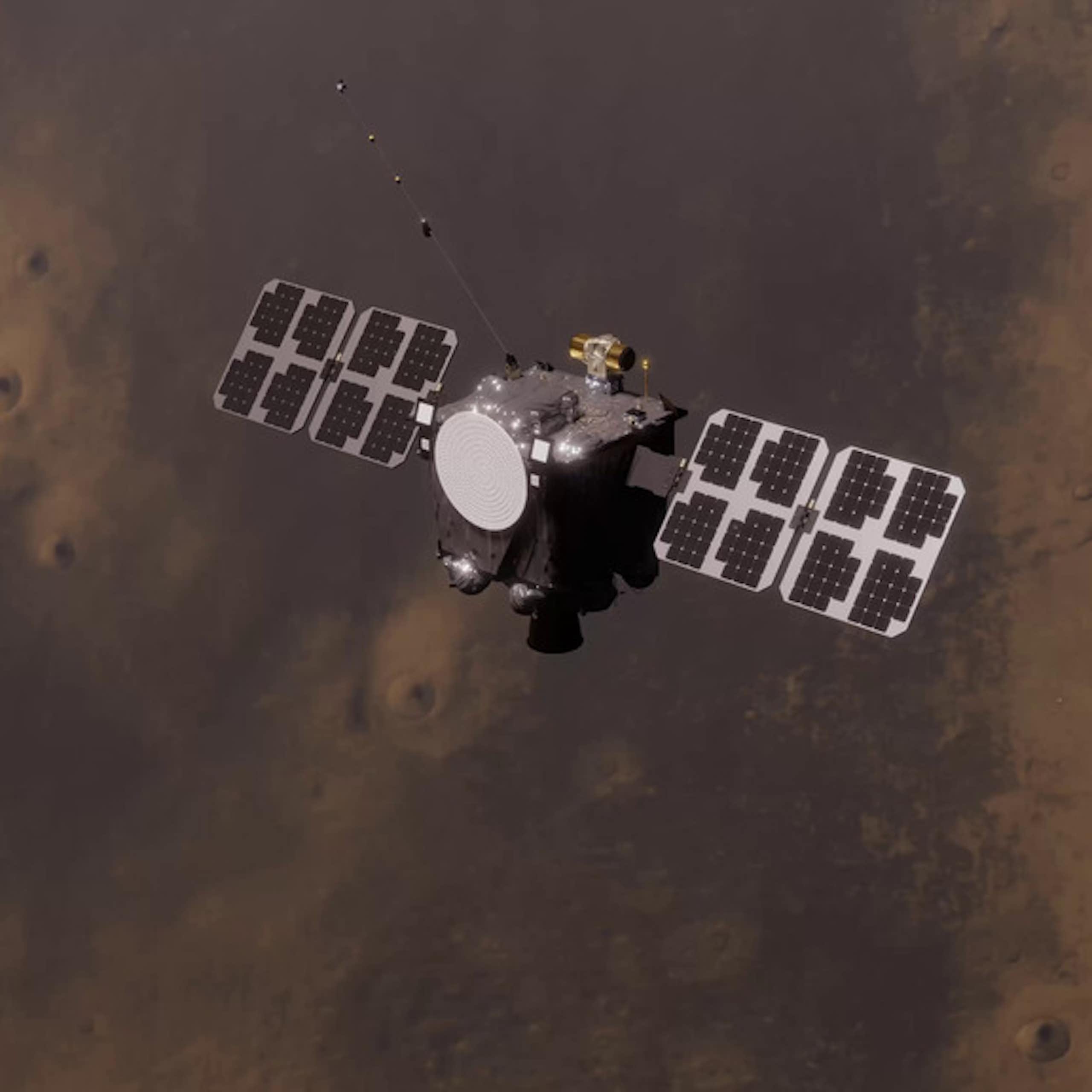 An illustration of a small, cylindrical spacecraft with two solar panels, one on each side.