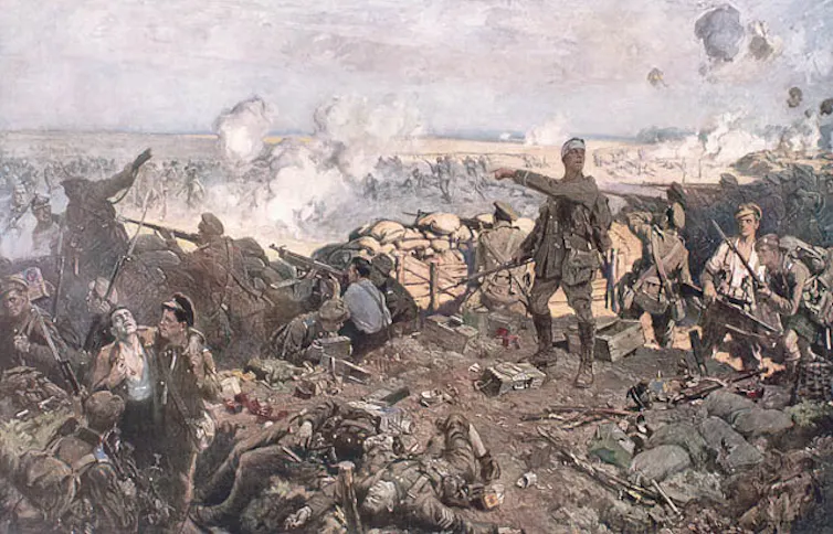 Painting showing war scene of men in fatigues with guns and smoke and many wounded.