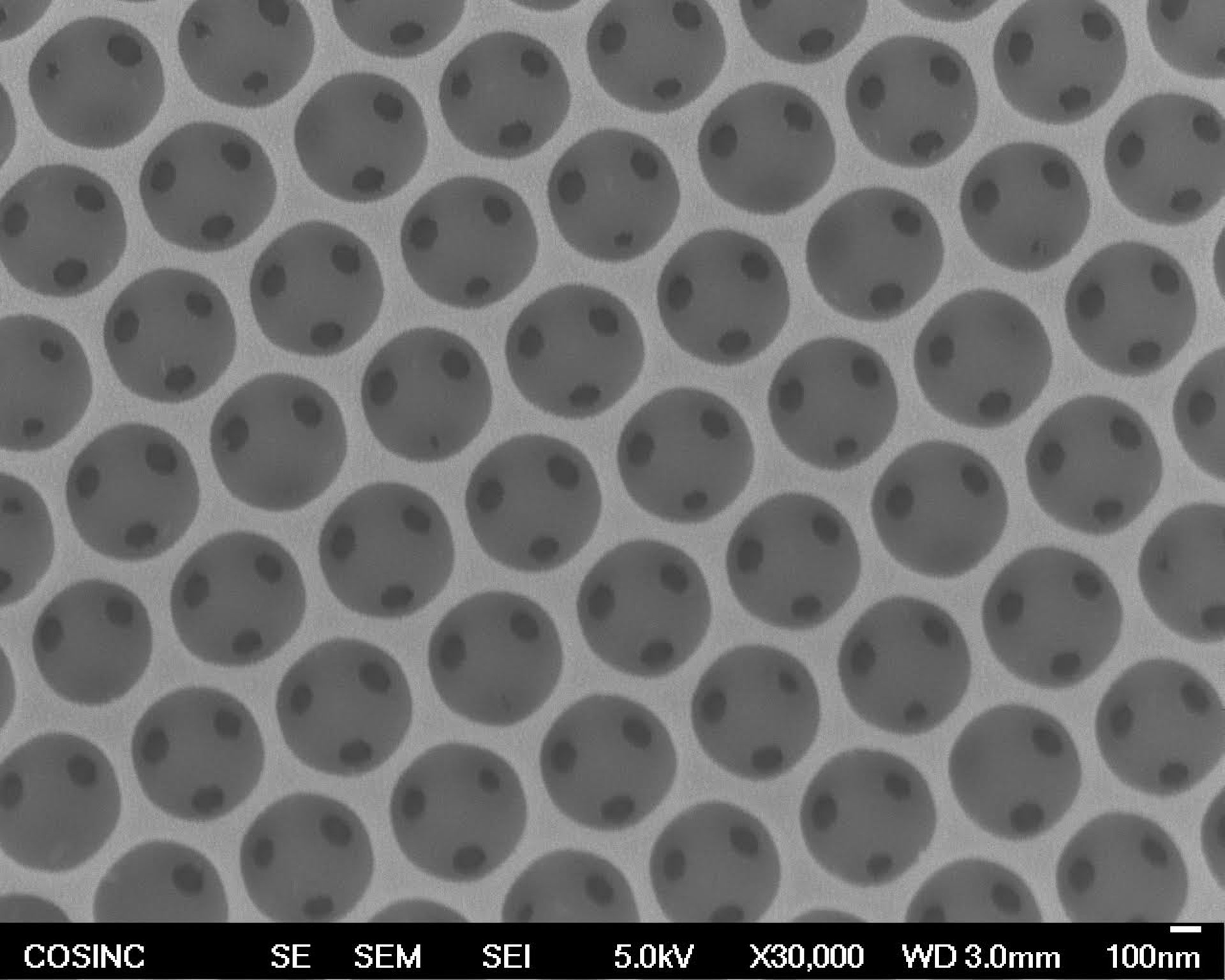 A zoomed in microscope image of a porous material, which is made up of small circles, each with three small cavities, arranged in a grid pattern.
