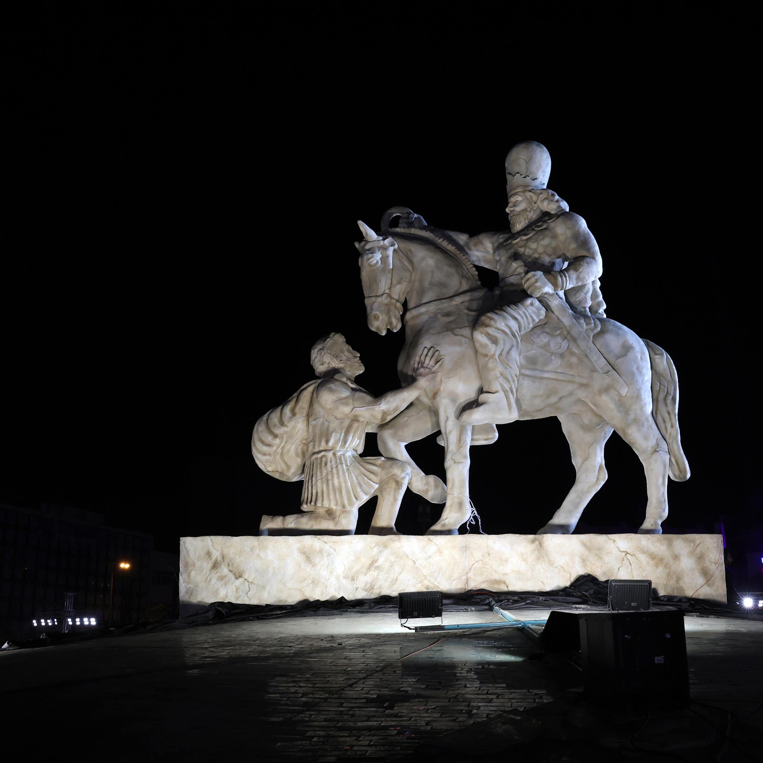 A new statue titled 'Kneeling Before Iran' is unveiled at the Enghelab Square, in Tehran, Iran, 07 November 2025