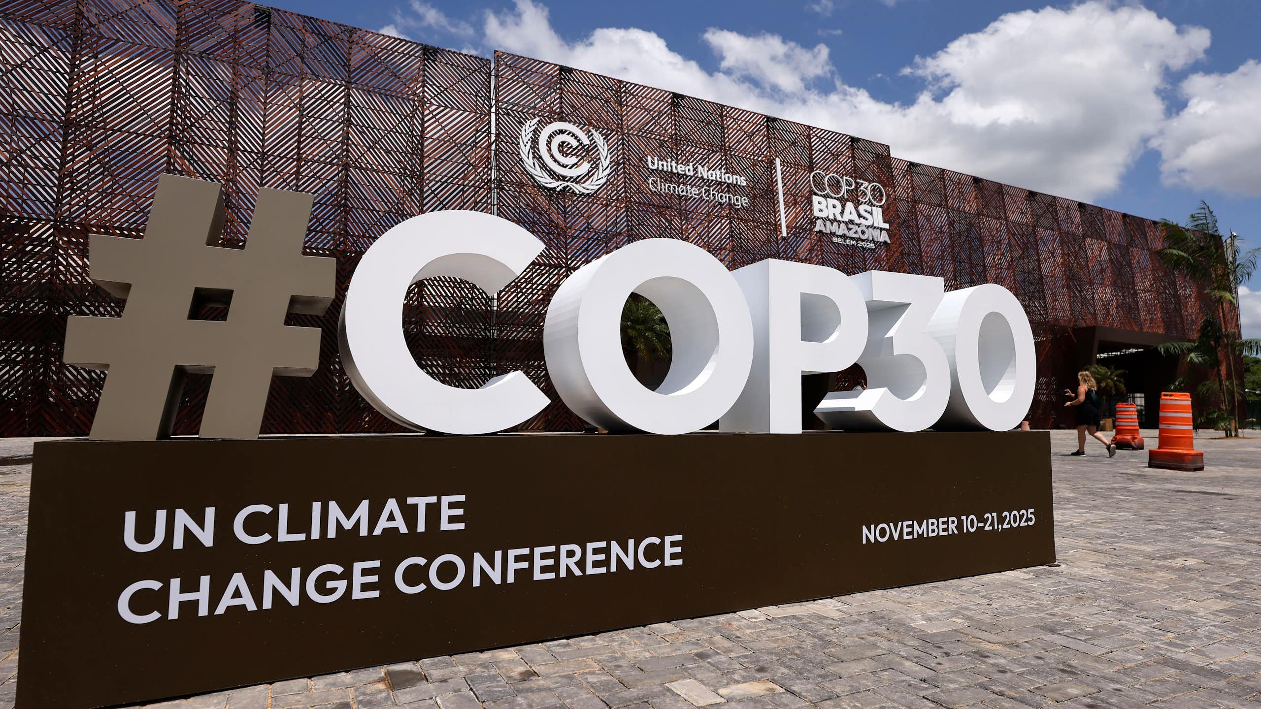 The COP30 logo is seen in front of the central building at the COP30 Brazil Amazonia 2025 meeting in Belem, Brazil.