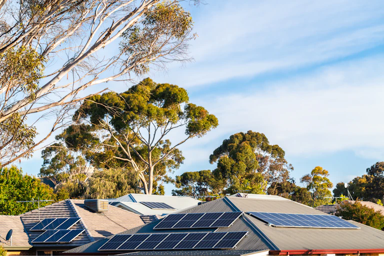 solar panels on house rooftop and gum trees in background.