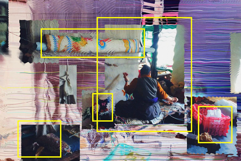 A glitchy image of a woman weaving, a red basket and a rolled up carpet surrounded by digital yellow boxes.