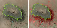 An image of the top of the mountain with fewer black dots around the base reflecting not many buildings in 1990 and many red dots around the base by 2016, reflecting the growth