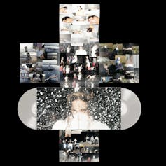 Interior de vinilo _LUX_, Rosalie sobre el que se forma una cruz con fotos.