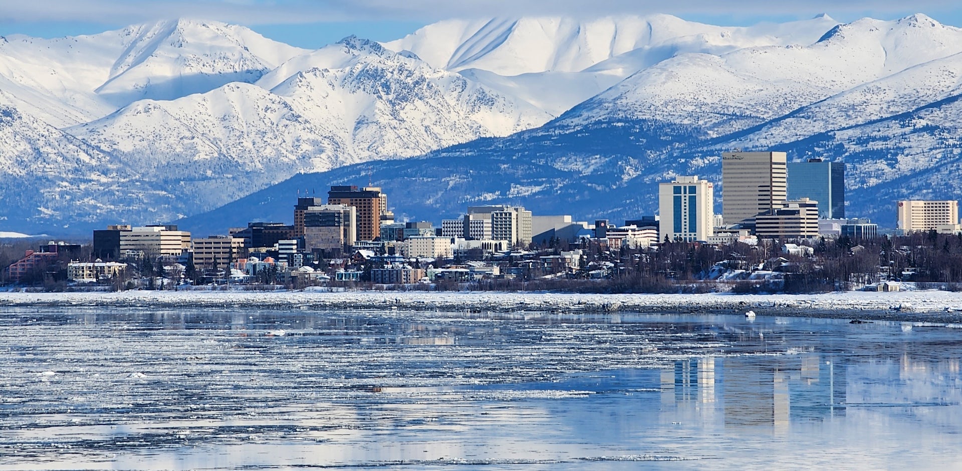 Snowy view across the bay to Anchorage, capital of Alaska