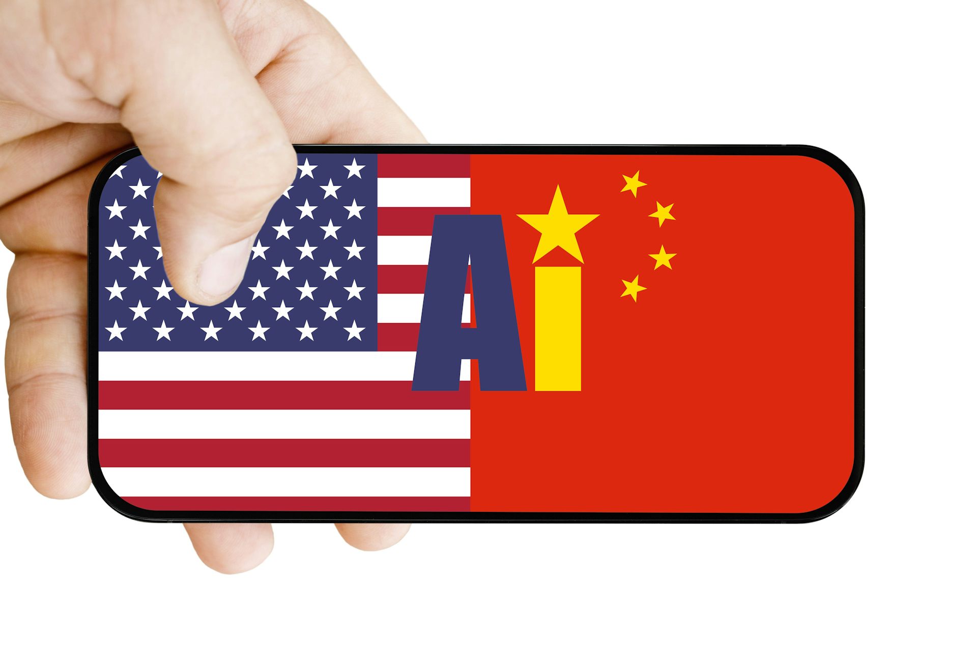 Phone with an AI caption and the US and Chinese flags
