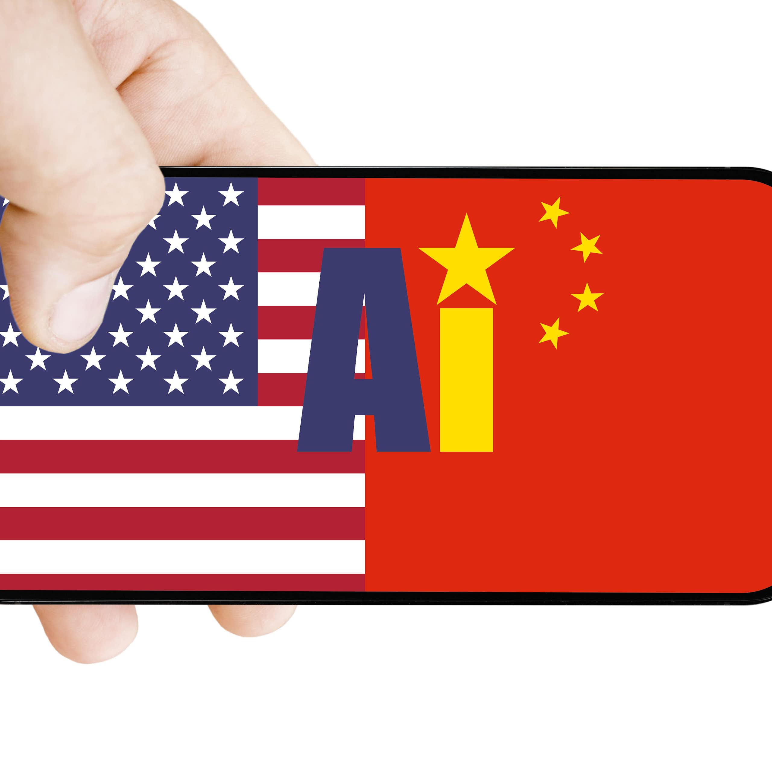 Phone with an AI caption and the US and Chinese flags