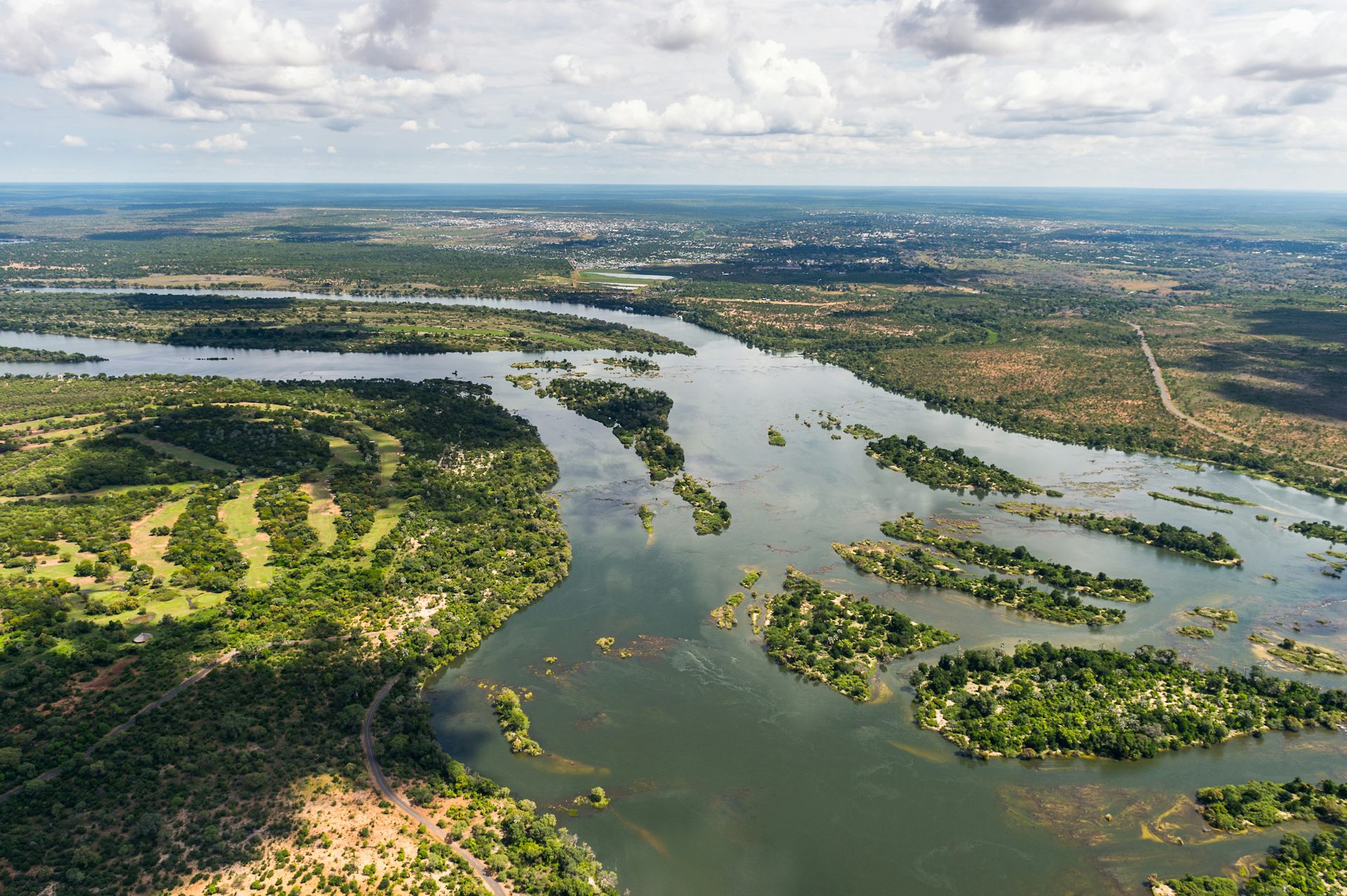 An aerial view of a large river