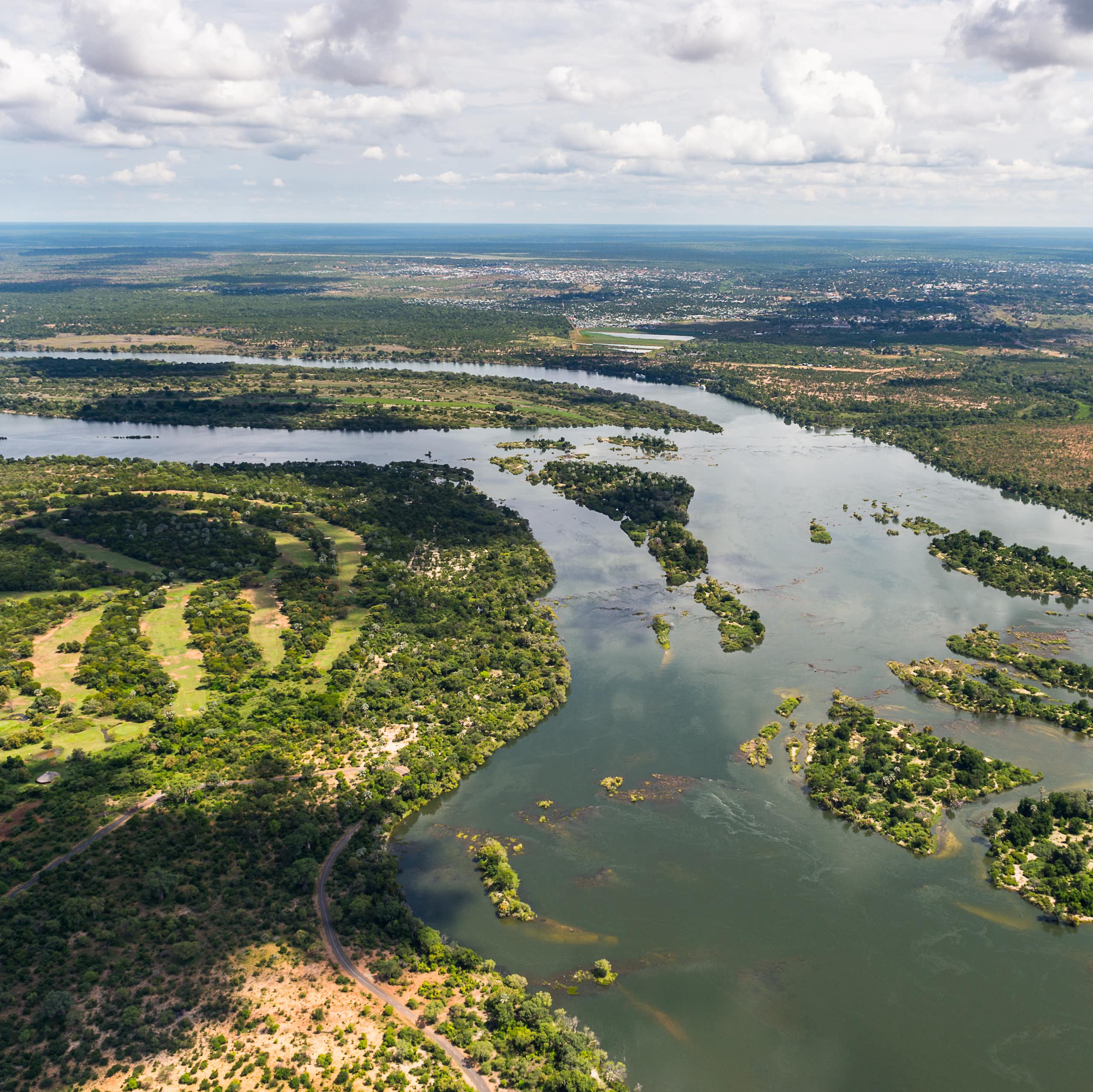 An aerial view of a large river