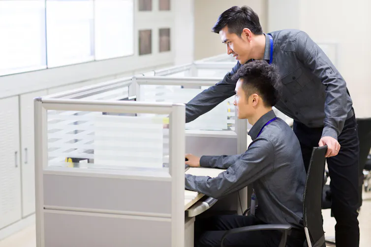 Two Chinese computer programmers in an office