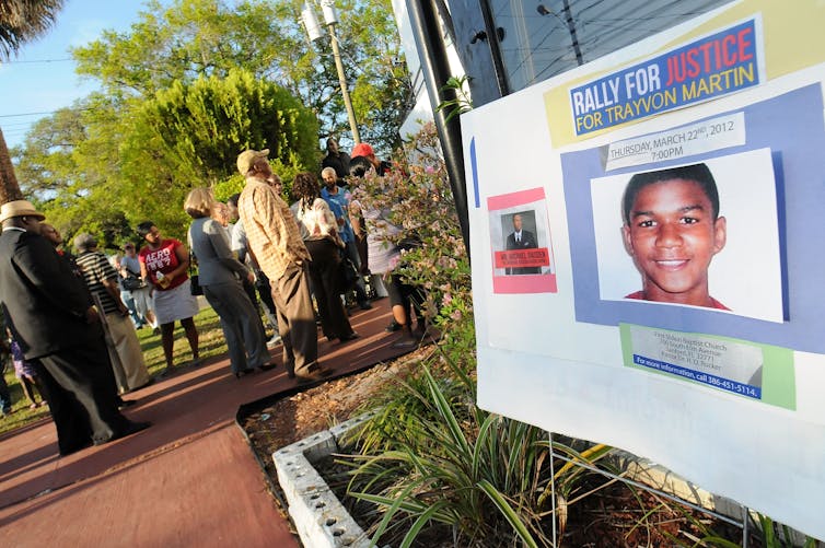 A sign for a rally after the Trayvon Martin shooting in Sanford, Florida.