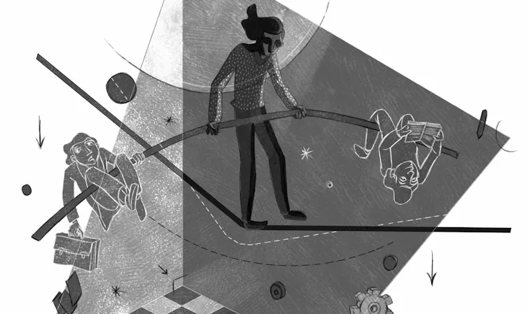 Para sobrevivir en la economía actual, los estudiantes utilizan tácticas circenses 3 Ilustración de una persona caminando sobre una cuerda floja mientras equilibra objetos.