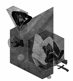 Illustration of a person swallowing a sword in front of abstract objects.