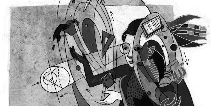 Ilustración de una persona haciendo malabarismos con una taza de café y objetos voladores.