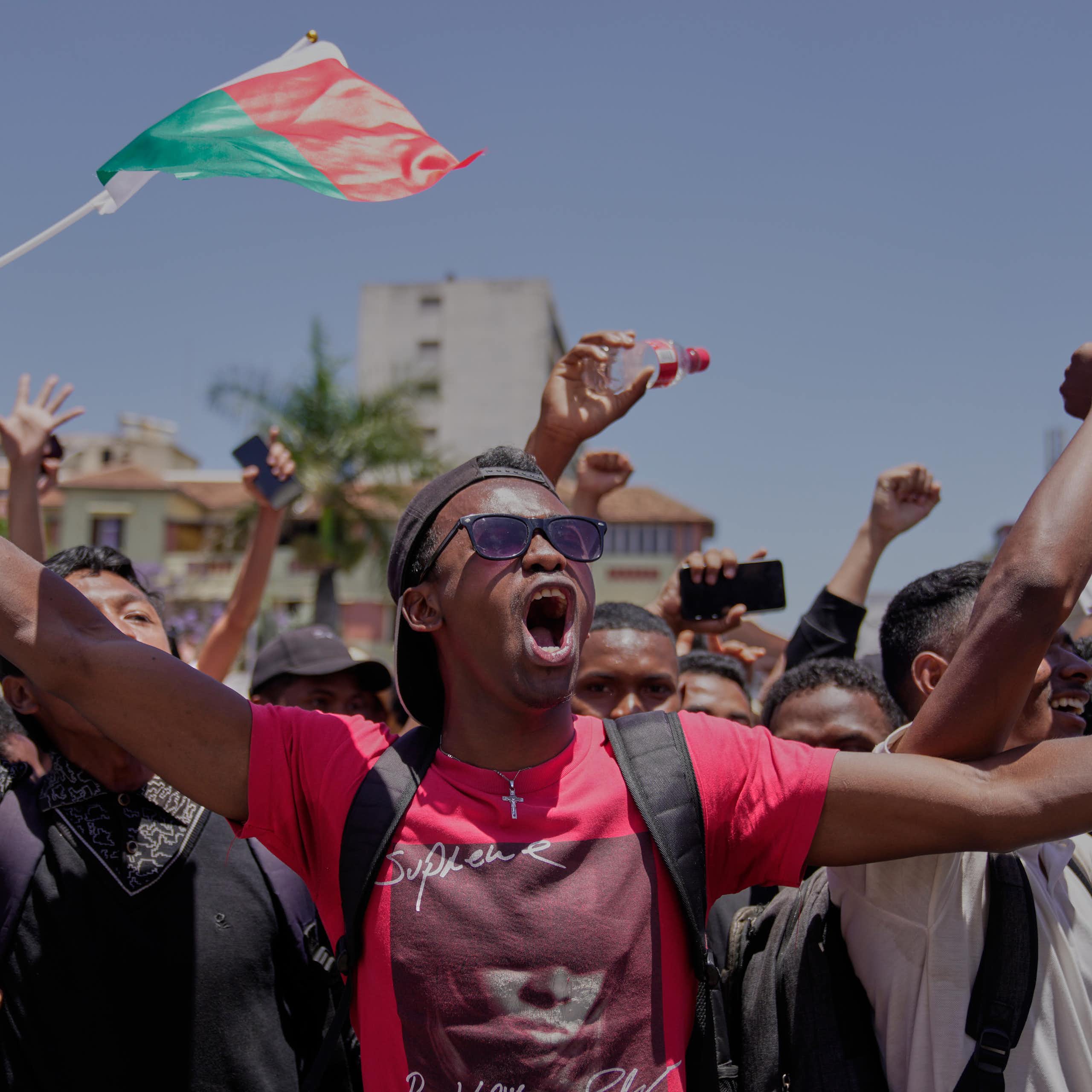 Un manifestant brandit un drapeau.