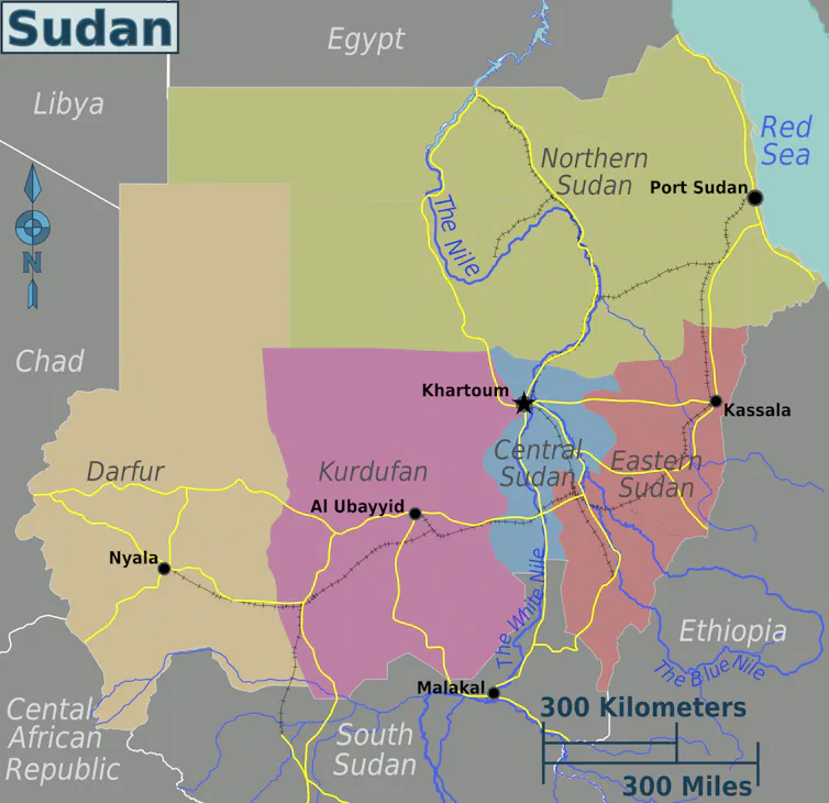 Map of Sudan showing regions.