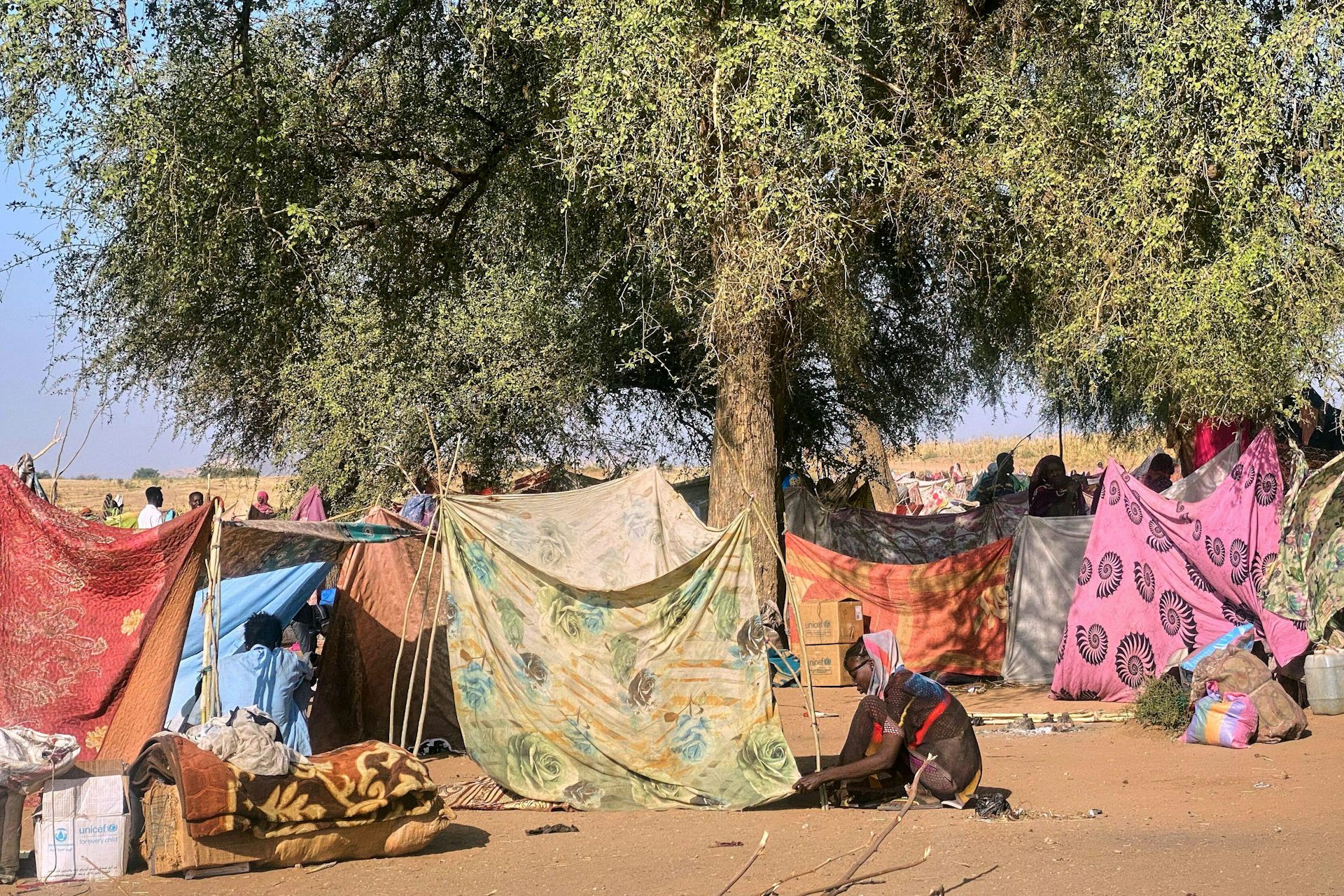 A family makes a tent out of bed linen strung from a tree in Darfur, west Sudan.