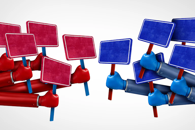 Hands holding signs, divided into red and blue sides.