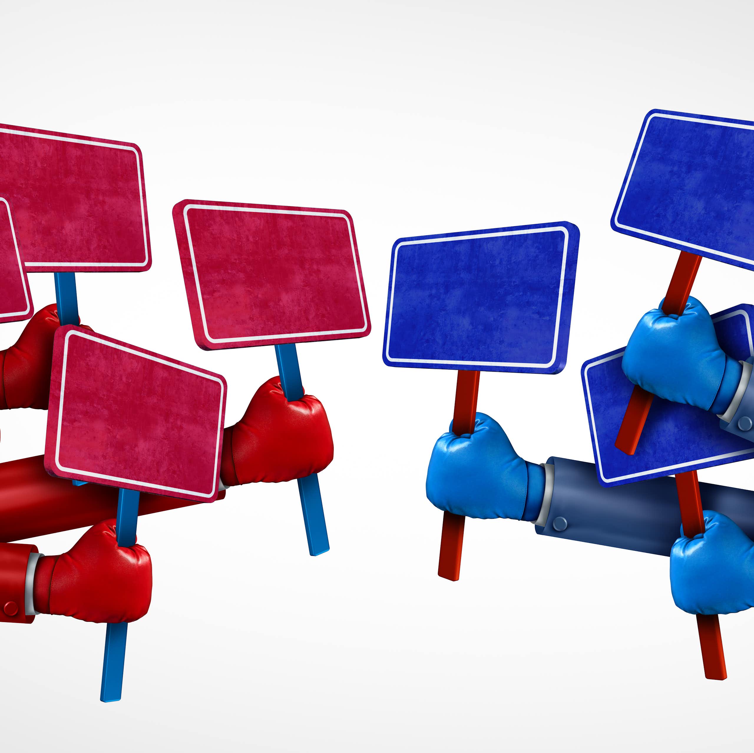 Hands holding signs, divided into red and blue sides.