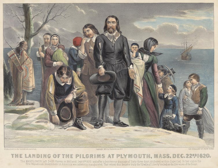 How the Plymouth Pilgrims took over Thanksgiving – and who historical past left at the back of 3 An illustration in faded colors of a group of men and women standing, a bit disoriented, on a hill beside the ocean.