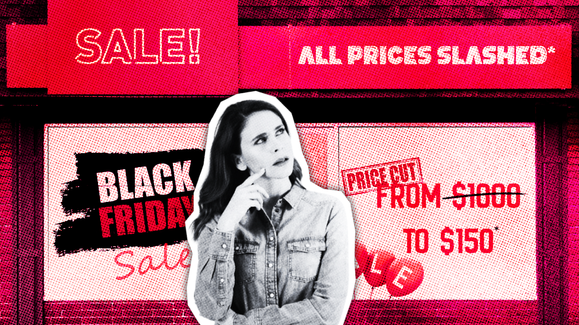 composite image showing a customer standing in front of various Black Friday advertisements 