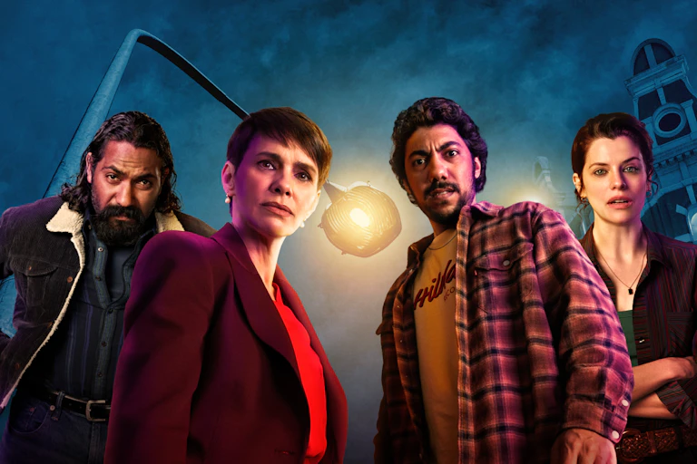A promotional composite image for the show Reckless, with four main characters lined up against a blue background. They are backlit by a streelight.