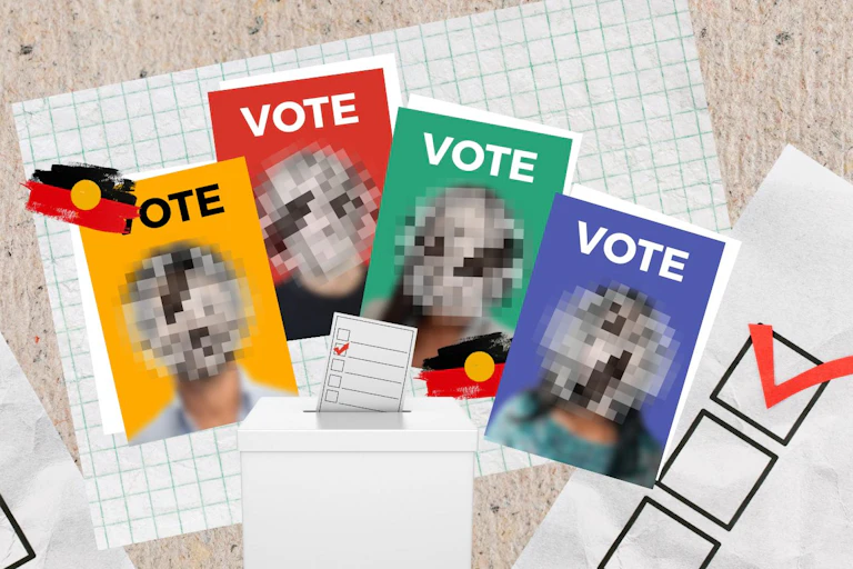 Voting cards with different candidates are seen, with the faces of the candidates pixelated.