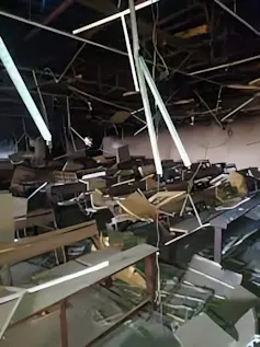 Interior of damaged building