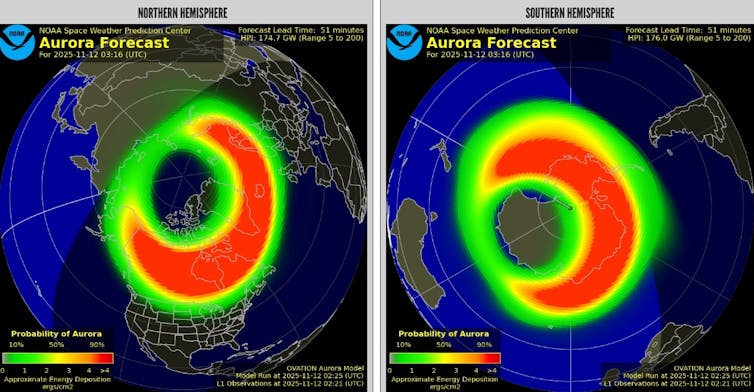 Website screenshot showing maps of the north and south poles and surrounds, covered in glowing arcs representing auroral intensity.