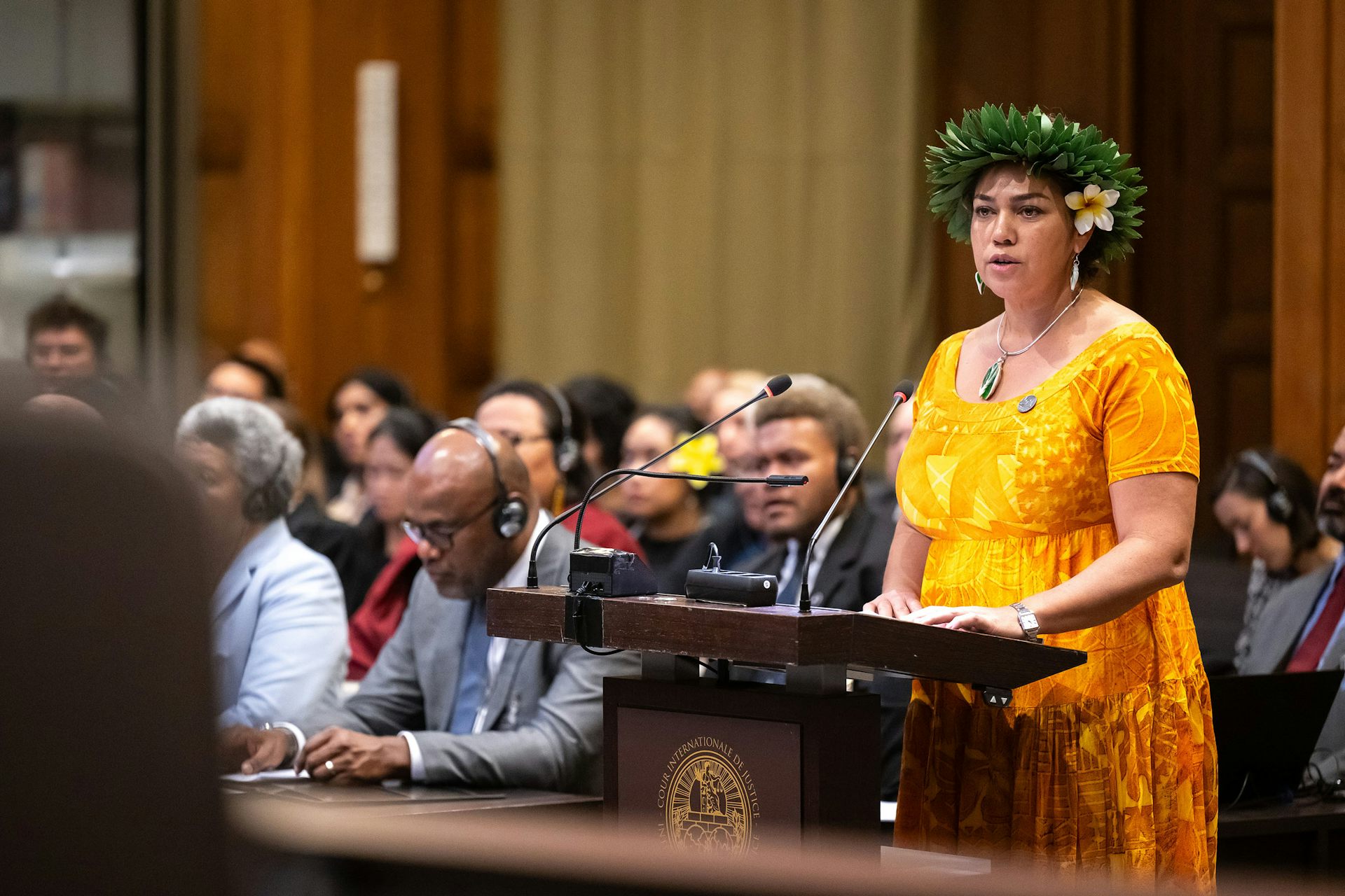 Coral Pasisi, now the director of climate change and sustainability at the Pacific Community, giving evidence during the Court of Justice hearings.