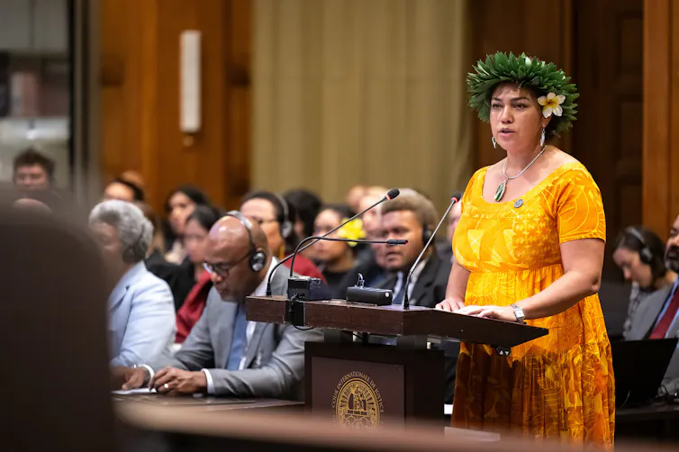 Coral Pasisi, now the director of climate change and sustainability at the Pacific Community, giving evidence during the Court of Justice hearings.