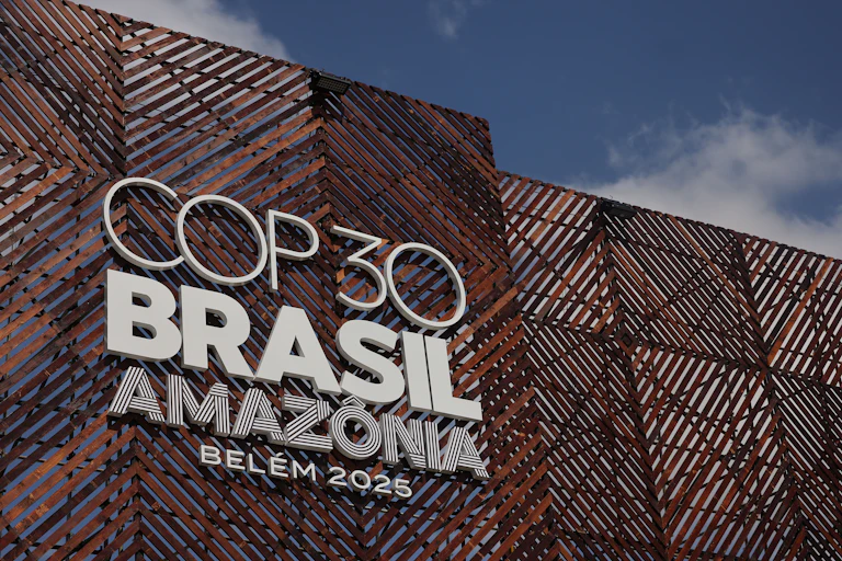 The COP30 logo at the central building of the meeting.