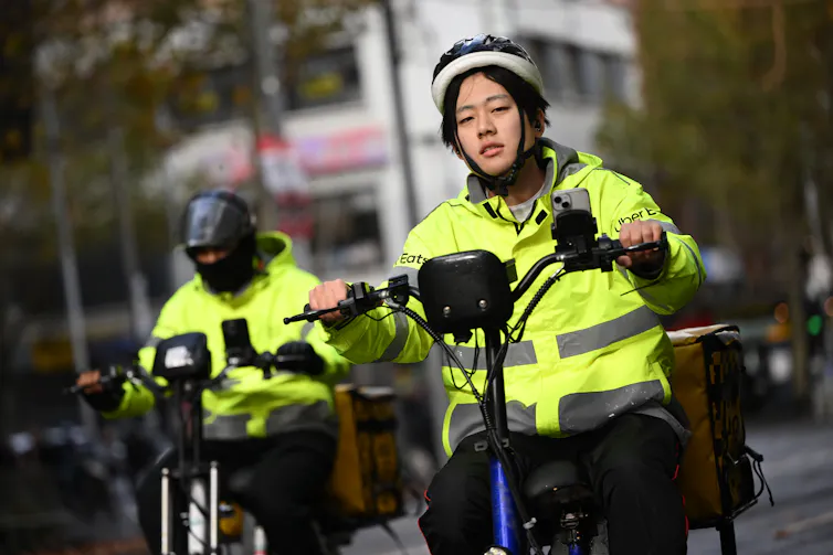 A food delivery worker in the central business district in Melbourne