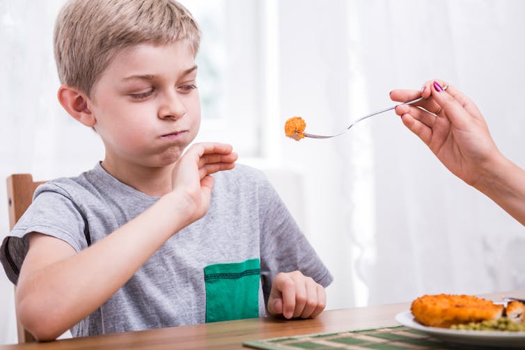 A young boy refuses the breaded meat which is being offered to him on a fork by another person.