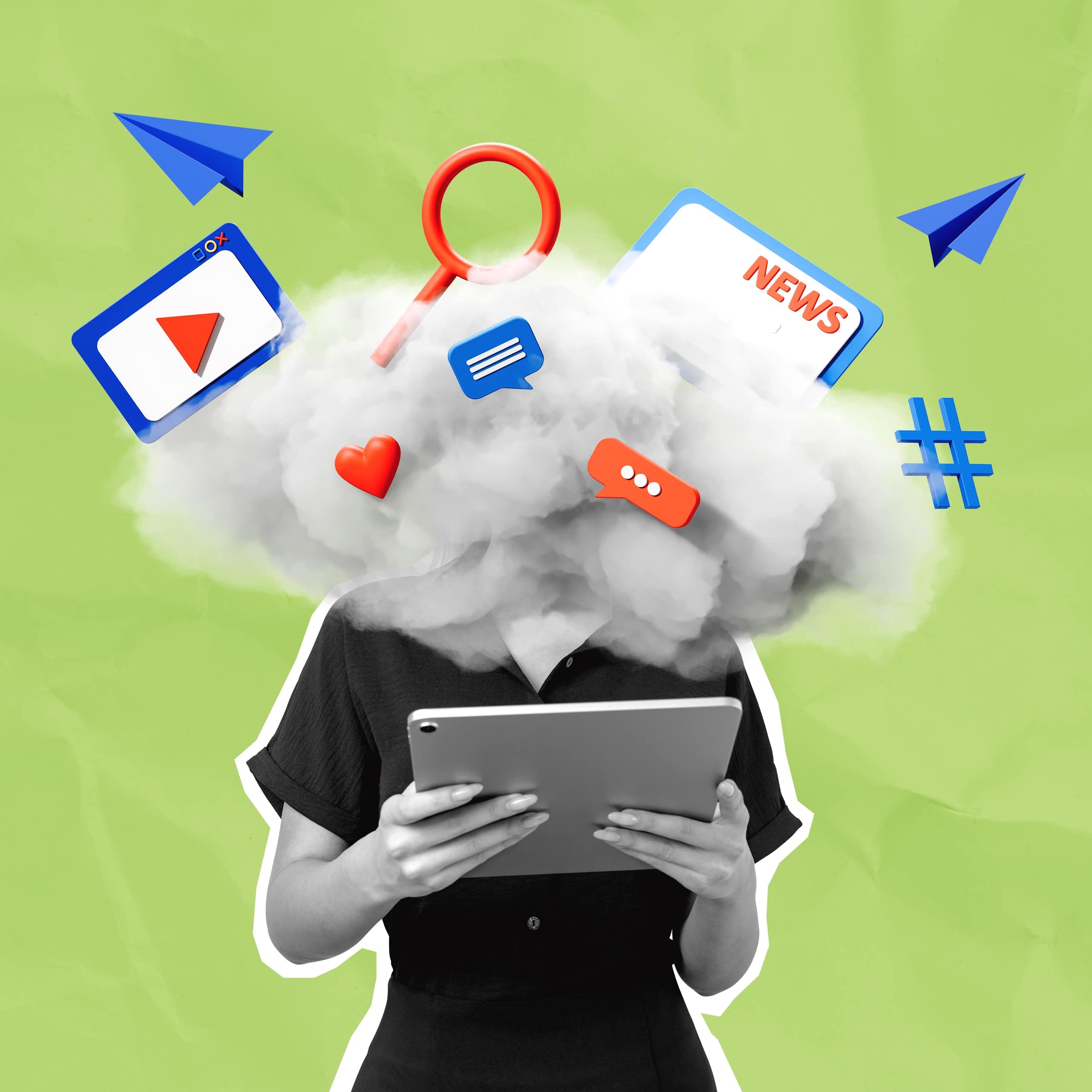 Digital collage illustration of a woman holding a tablet, with her head replaced by an overwhelming, chaotic cloud of information and notifications