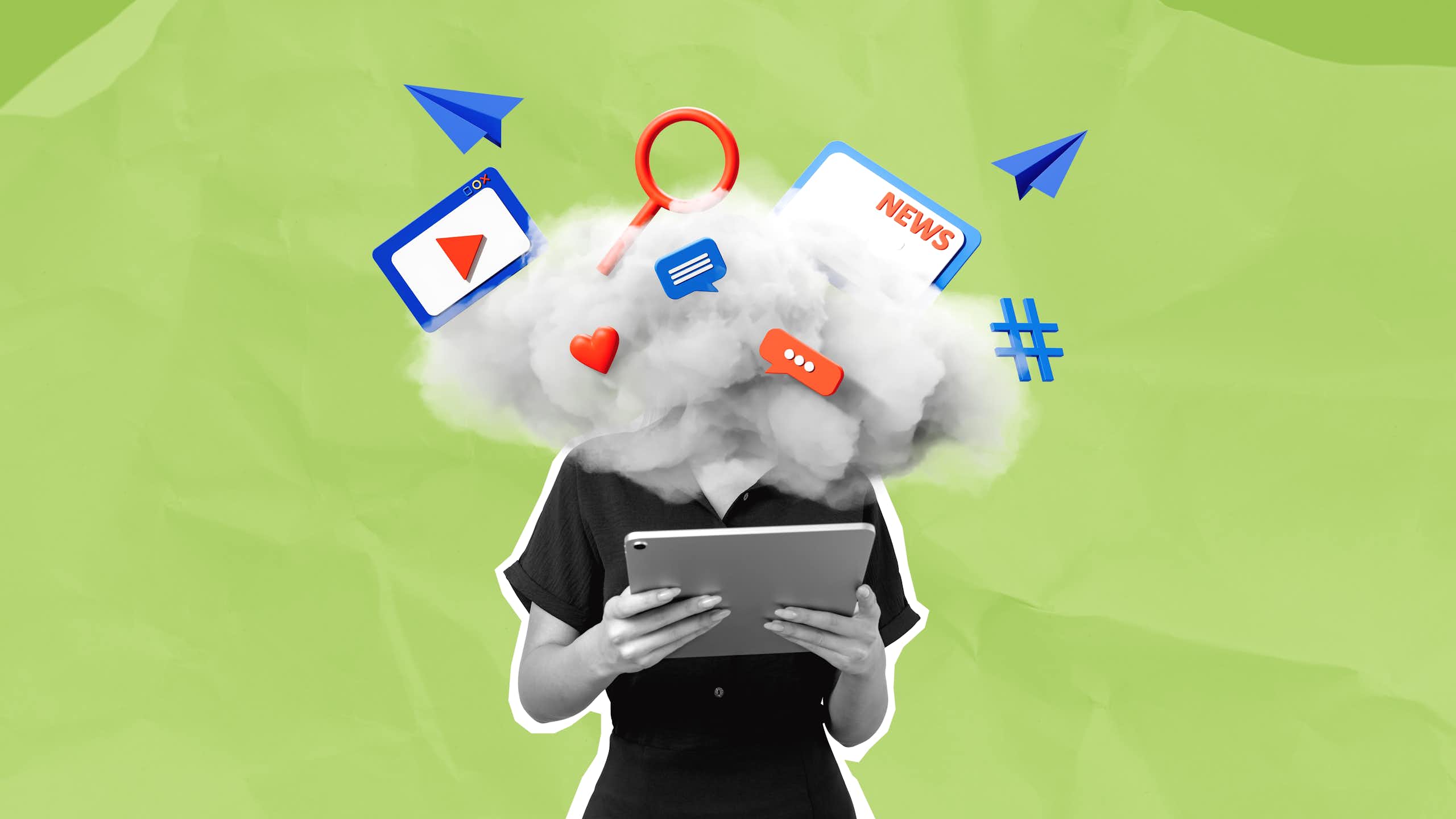 Digital collage illustration of a woman holding a tablet, with her head replaced by an overwhelming, chaotic cloud of information and notifications