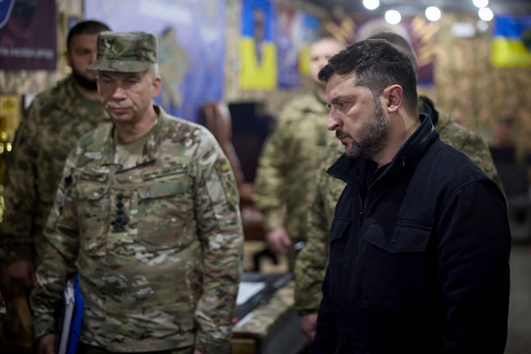 Ukrainian president Volodymyr Zelensky with military commanders in October 2025.