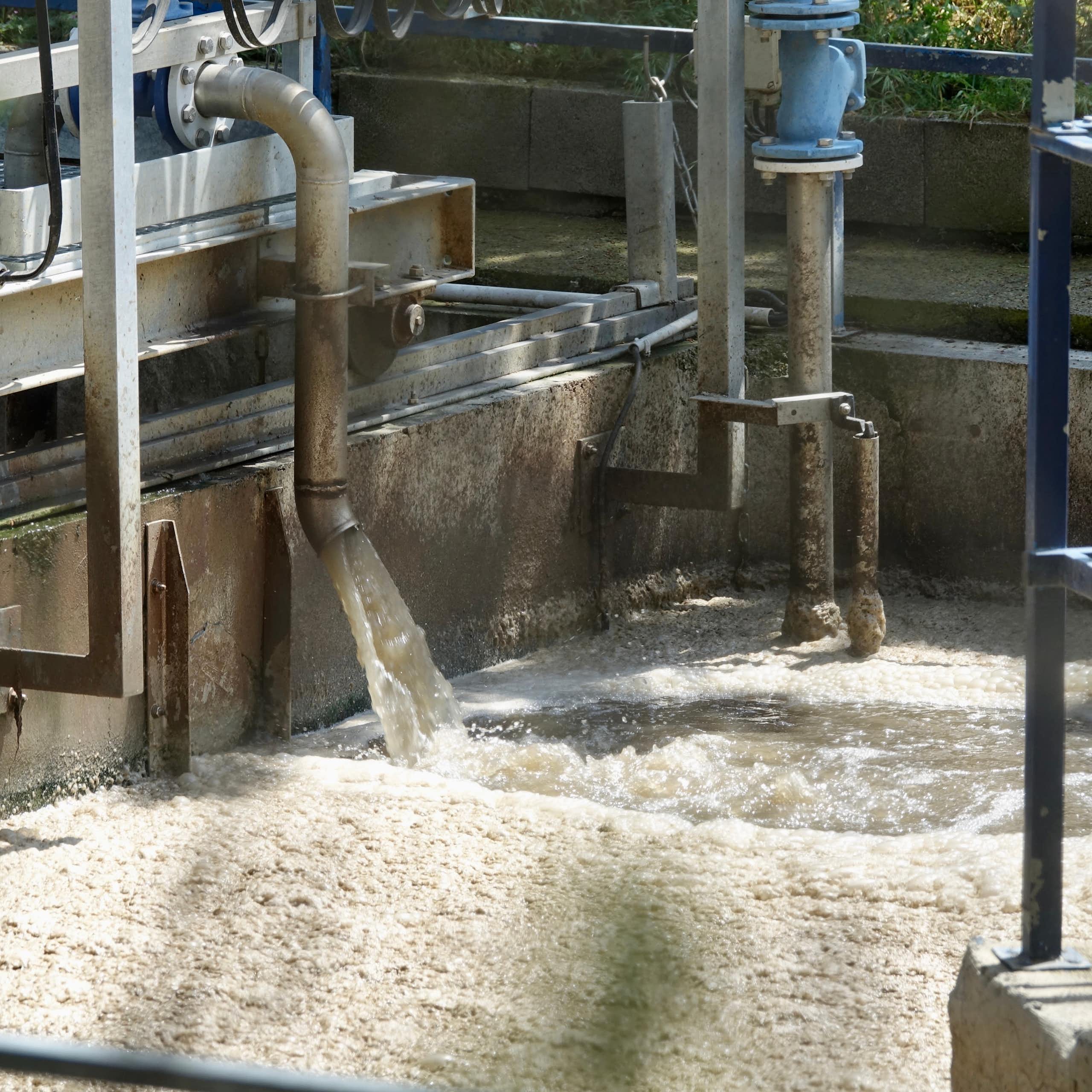 Agua de color marrón cae por una tubería a un tanque donde una espuma recubre la superficie del líquido