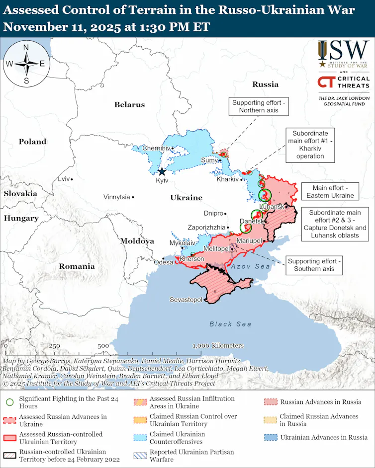 ISW map showing the state of the conflict in Ukraine, November 11 2025.