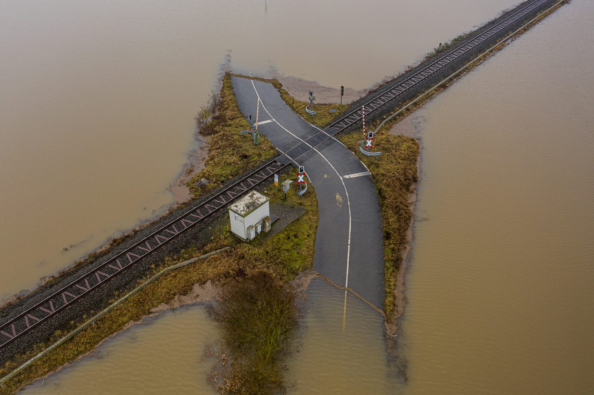 A flooded road. 