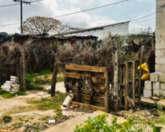 A square structure of branches designed to be an outdoor meeting area or animal enclosure