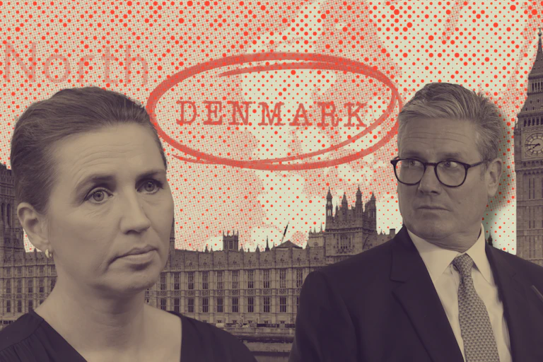 Prime minister of the Uk and Danish prime minister with Houses of Parliament and Denmark map