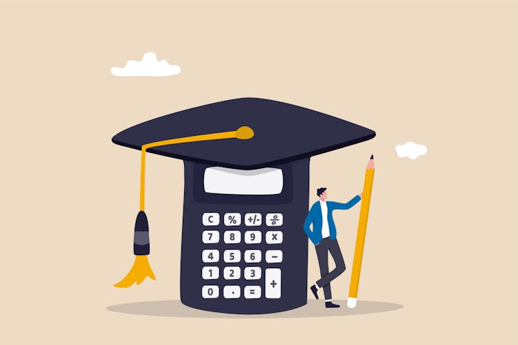 A person leans against a calculator that has a black graduation cap on top in a graphic image.