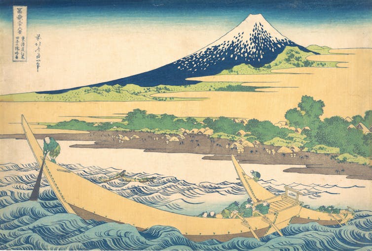 Why two tiny mountain peaks become one of the vital web’s most renowned pictures 2 A painting of a large rowboat manned by people on rolling waves with a large mountain in the background.