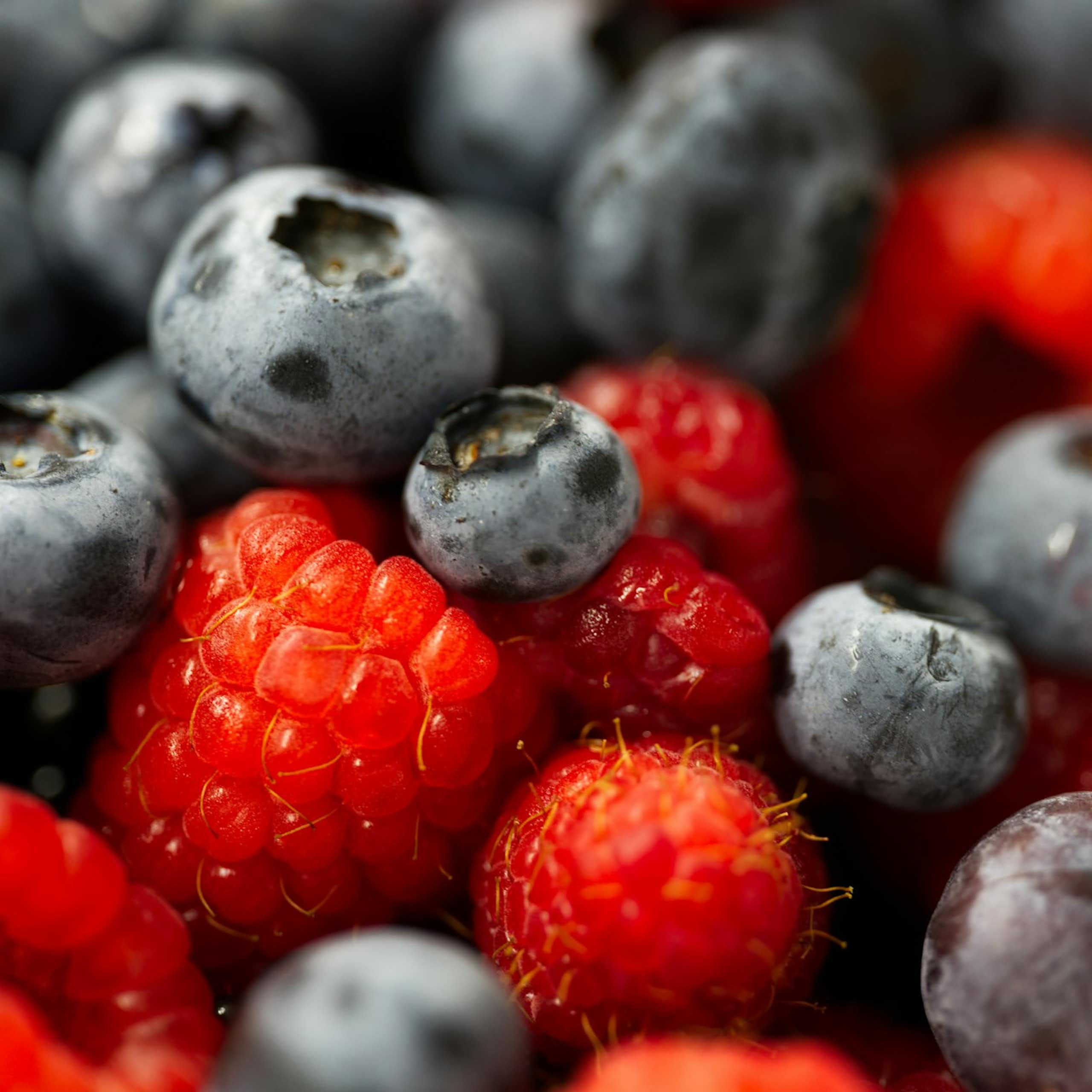 Closeup of raspberries and blueberries