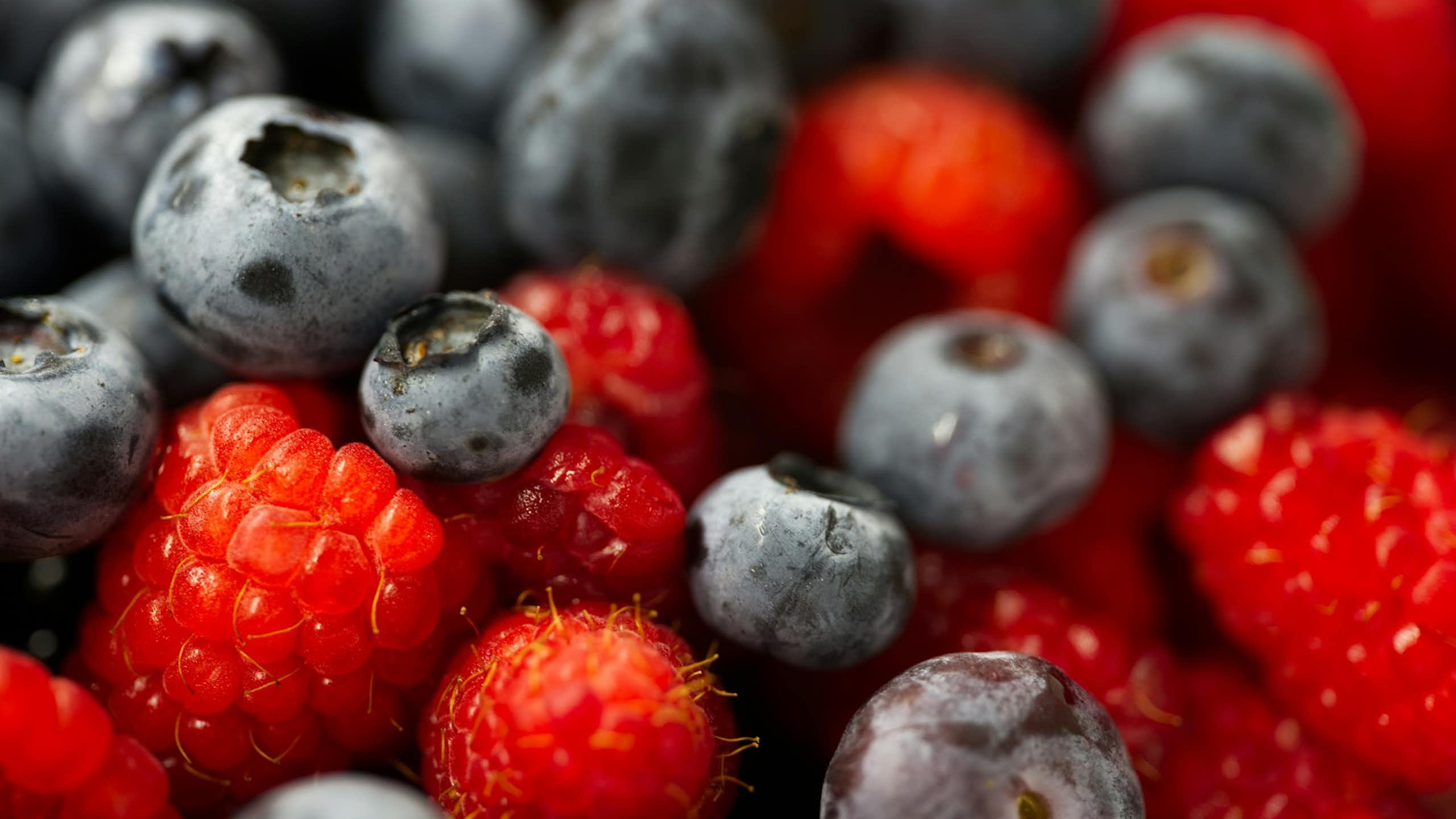 Closeup of raspberries and blueberries